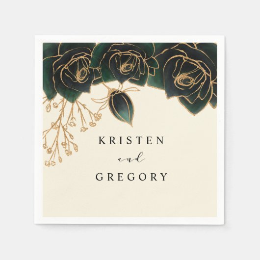 Waterverf Rozen Groene en gouden bruiloft Servet (Voorkant)