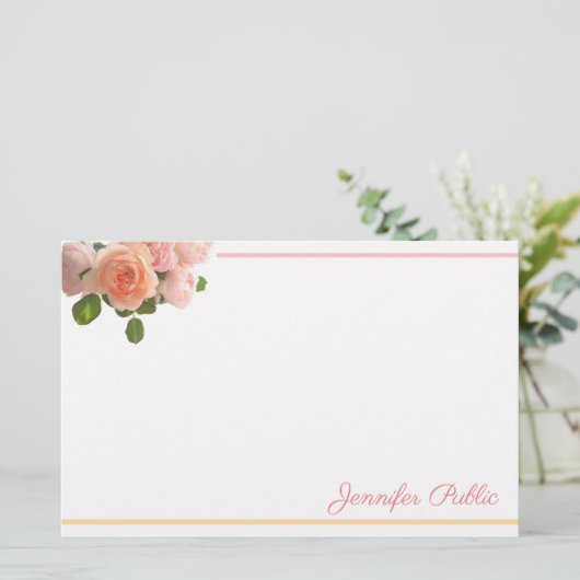 Waterverf Rozen Hand Script Naam Sjabloon Floral Briefpapier (Staand voorkant)