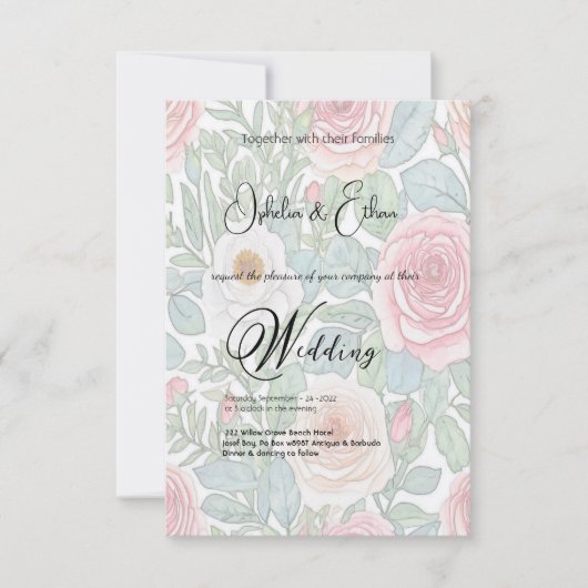 Waterverf Rozen, huwelijksuitnodiging Kaart (Voorkant)