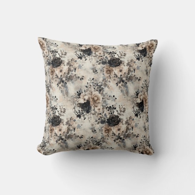  Waterverf Rozen in Beige, Zwart, Cream Kussen (Voorkant)
