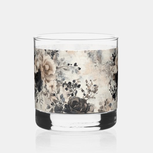 Waterverf Rozen in Beige, Zwart, Cream Whisky Glas (Voorkant)