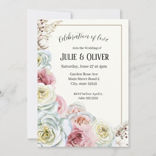 Waterverf rozen in bleek roze, crèmewit Bruiloft Kaart (Voorkant)