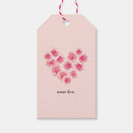 Waterverf rozen in hartvorm roze perzik bloemig cadeaulabel