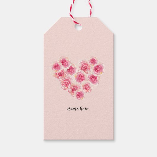 Waterverf rozen in hartvorm roze perzik bloemig cadeaulabel (Voorkant)