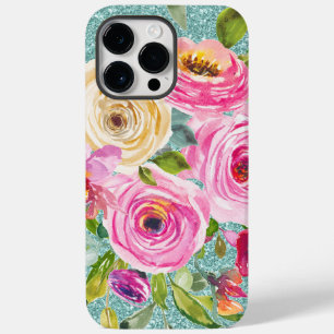 Waterverf Rozen in roze Cream Aqua Glitter Case-Mate iPhone 14 Pro Max Hoesje