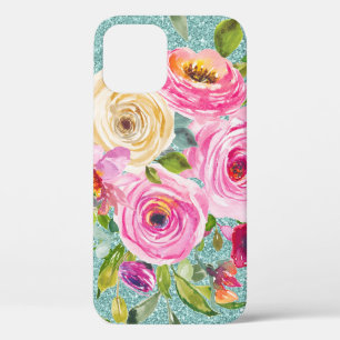 Waterverf Rozen in roze Cream Aqua Glitter Case-Mate iPhone Case