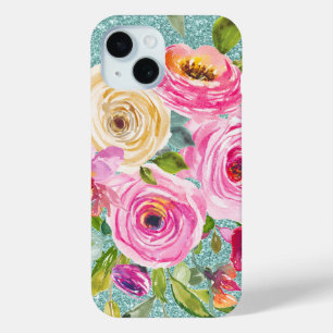 Waterverf Rozen in roze Cream Aqua Glitter iPhone 15 Case