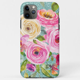 Waterverf Rozen in Roze en Cream Aqua Glitter Case-Mate iPhone Case