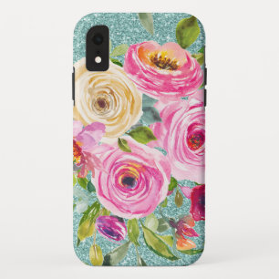 Waterverf Rozen in Roze en Cream Aqua Glitter Case-Mate iPhone Case