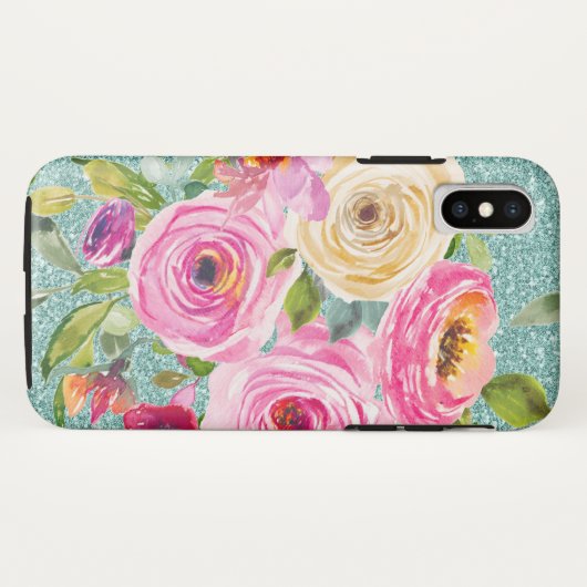 Waterverf Rozen in Roze en Cream Aqua Glitter Case-Mate iPhone Case (Achterkant (horizontaal))