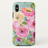 Waterverf Rozen in Roze en Cream Aqua Glitter Case-Mate iPhone Case (Achterkant)