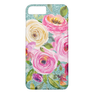 Waterverf Rozen in roze en Cream Aqua Glitter iPhone 8/7 Plus Hoesje