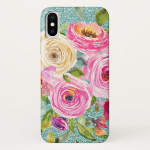 Waterverf Rozen in Roze en Cream Aqua Glitter Case-Mate iPhone Case