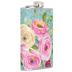 Waterverf Rozen in Roze en Cream Aqua Glitter Heupfles
