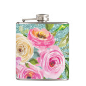 Waterverf Rozen in Roze en Cream Aqua Glitter Heupfles (Voorkant)