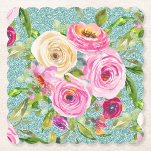 Waterverf Rozen in Roze en Cream Aqua Glitter Kartonnen Onderzetters