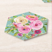 Waterverf Rozen in Roze en Cream Aqua Glitter Kartonnen Onderzetters (Schuin)