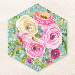 Waterverf Rozen in Roze en Cream Aqua Glitter Kartonnen Onderzetters