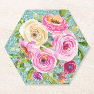 Waterverf Rozen in Roze en Cream Aqua Glitter Kartonnen Onderzetters