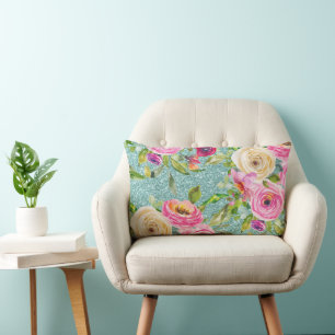 Waterverf Rozen in Roze en Cream Aqua Glitter Kussen