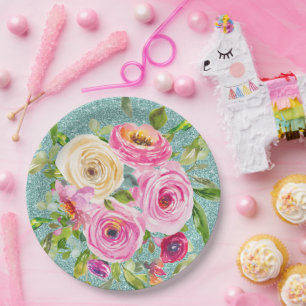 Waterverf Rozen in Roze en Cream Aqua Glitter Papieren Bordje