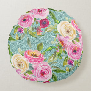 Waterverf Rozen in roze en Cream Aqua Glitter Rond Kussen