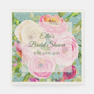 Waterverf Rozen in Roze en Cream Aqua Glitter Servet