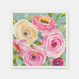 Waterverf Rozen in Roze en Cream Aqua Glitter Servet
