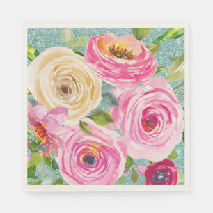 Waterverf Rozen in Roze en Cream Aqua Glitter Servet