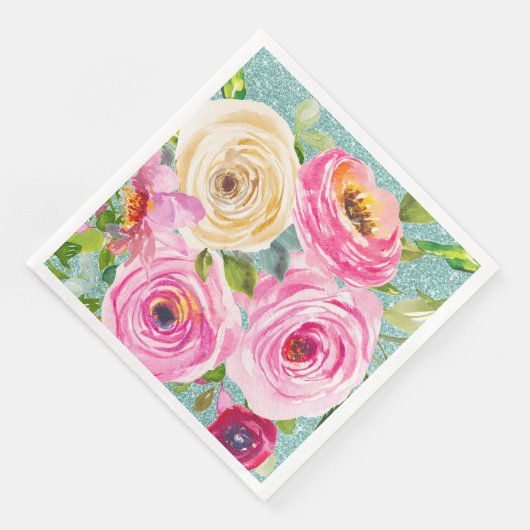 Waterverf Rozen in Roze en Cream Aqua Glitter Servet (Hoek)