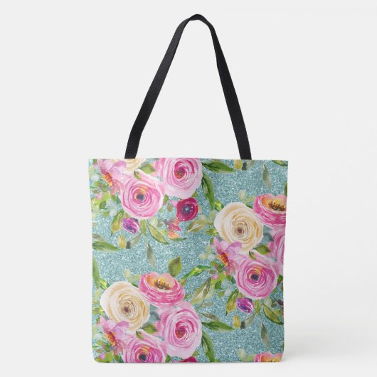 Waterverf Rozen in Roze en Cream Aqua Glitter Tote Bag (Voorkant)