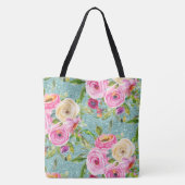 Waterverf Rozen in Roze en Cream Aqua Glitter Tote Bag (Achterkant)