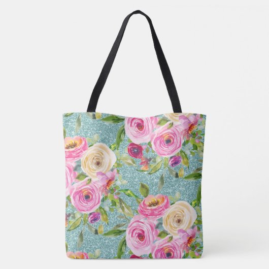 Waterverf Rozen in Roze en Cream Aqua Glitter Tote Bag (Achterkant)