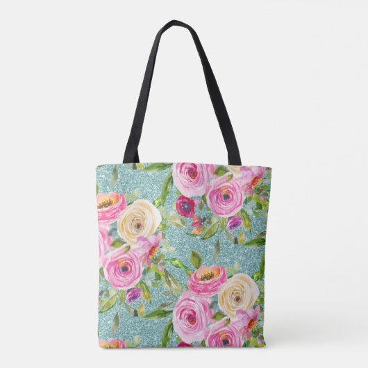 Waterverf Rozen in Roze en Cream Aqua Glitter Tote Bag (Achterkant)
