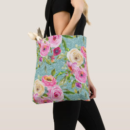 Waterverf Rozen in Roze en Cream Aqua Glitter Tote Bag