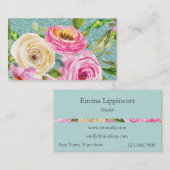 Waterverf Rozen in Roze en Cream Aqua Glitter Visitekaartje (Voorkant / Achterkant)