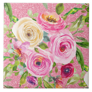 Waterverf Rozen in Roze en Cream op Roze Glitter Tegeltje