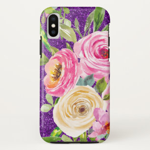 Waterverf Rozen in Roze en Cream Paarse Glitter Case-Mate iPhone Case