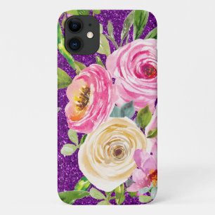 Waterverf Rozen in Roze en Cream Paarse Glitter Case-Mate iPhone Case