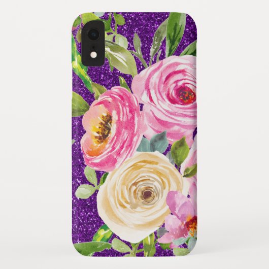 Waterverf Rozen in Roze en Cream Paarse Glitter Case-Mate iPhone Case (Achterkant)