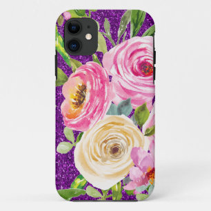 Waterverf Rozen in Roze en Cream Paarse Glitter Case-Mate iPhone Case