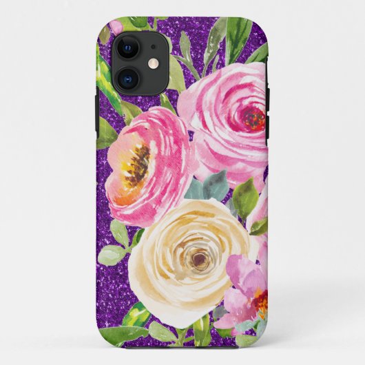 Waterverf Rozen in Roze en Cream Paarse Glitter Case-Mate iPhone Case (Achterkant)