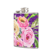 Waterverf Rozen in Roze en Cream Paarse Glitter Heupfles (Links)