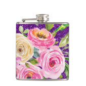 Waterverf Rozen in Roze en Cream Paarse Glitter Heupfles (Voorkant)