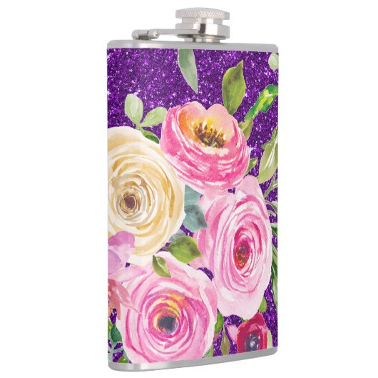 Waterverf Rozen in Roze en Cream Paarse Glitter Heupfles (Rechts)