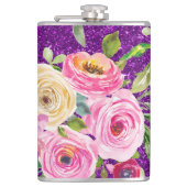 Waterverf Rozen in Roze en Cream Paarse Glitter Heupfles (Voorkant)