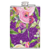 Waterverf Rozen in Roze en Cream Paarse Glitter Heupfles (Achterkant)