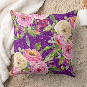 Waterverf Rozen in Roze en Cream Paarse Glitter Kussen
