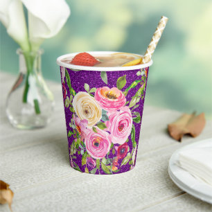 Waterverf Rozen in Roze en Cream Paarse Glitter Papieren Bekers