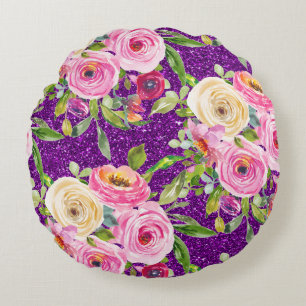 Waterverf Rozen in Roze en Cream Paarse Glitter Rond Kussen
